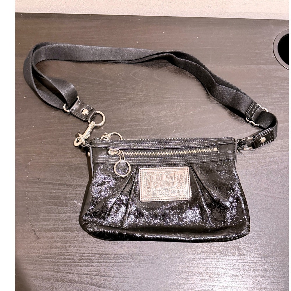 Coach Poppy Black Liquid Patent Leather Crossbody Bag Leopard Print Lining *READ - Picture 1 of 9